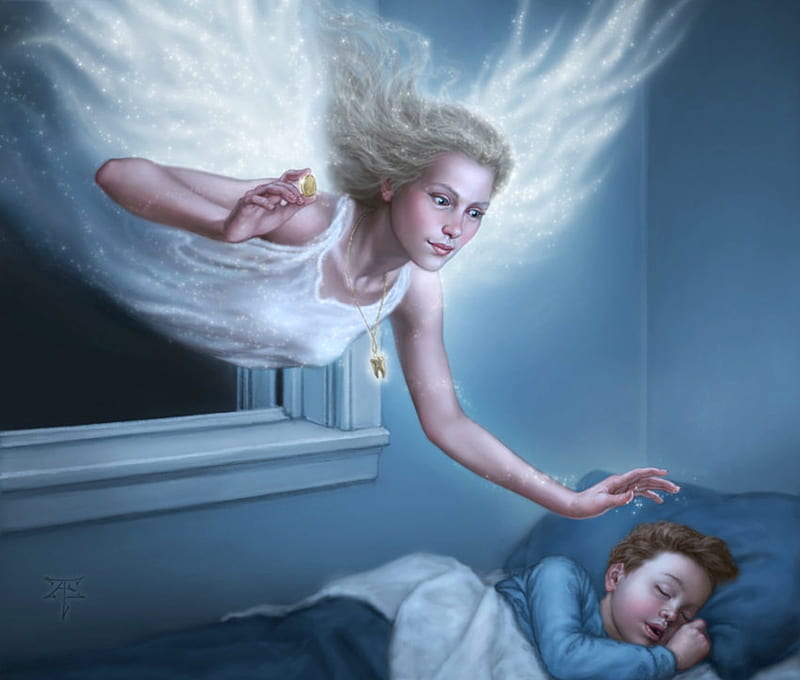 Tooth fairy, art, wings, tristan elwell, sleep, angel, boy, fantasy, child, white, blue, HD wallpaper