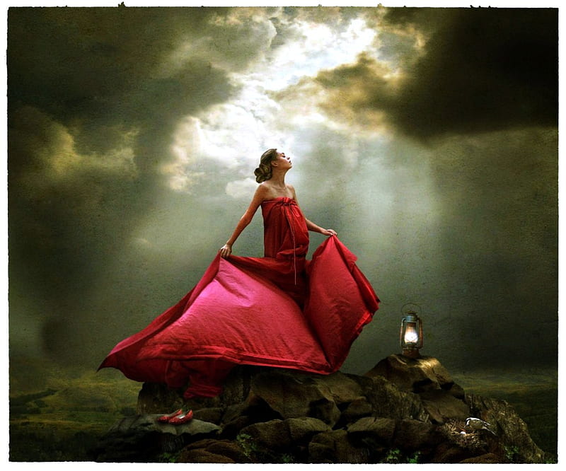 Wind dancer, red dress, sun rays, cliff, clouds, hill, woman, HD wallpaper