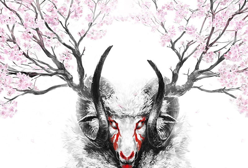 Zodiac ~ Aries, red, art, black, zodiac, spring, branch, horns, sheep, blossom, fantasy, aries, white, pink, HD wallpaper