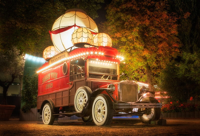 Steampunk Ballon Wagon, art, oldblloons, car, lights, night, HD wallpaper