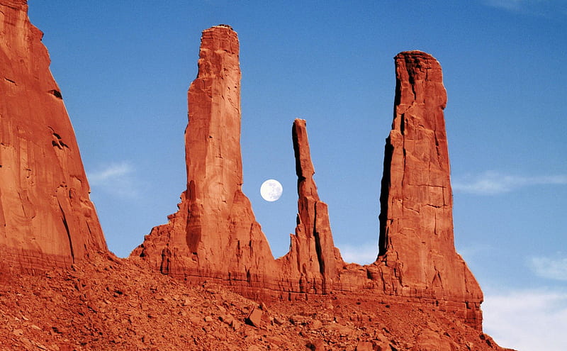 Monument Valley, Colorado, brown, rock, mounument, sky, colorado, moon, daylight, day, nature, blue, HD wallpaper