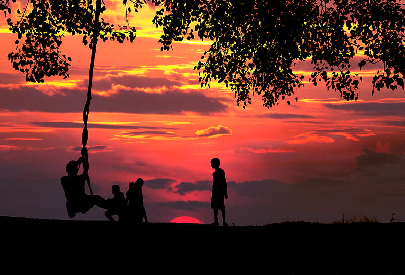 Silhouette of Children Playing, HD wallpaper