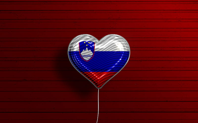I Love Slovenia realistic balloons, red wooden background, Slovenian flag heart, Europe, favorite countries, flag of Slovenia, balloon with flag, Slovenia flag, Slovenia, Love Slovenia, HD wallpaper