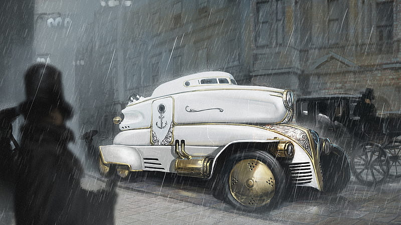 Steampunk Car in the Rain, rain, Steampunk, Car, Fantasy, HD wallpaper