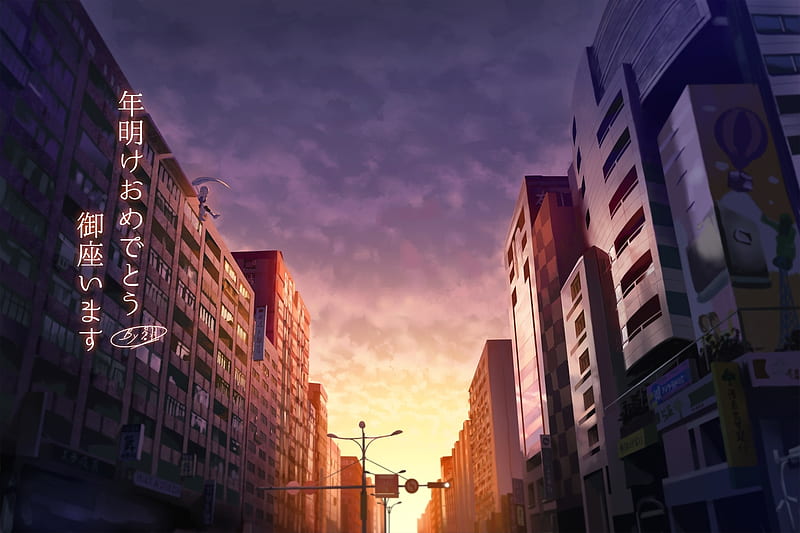 anime city, sunset, girl with scythe, buildings, street, Anime, HD wallpaper