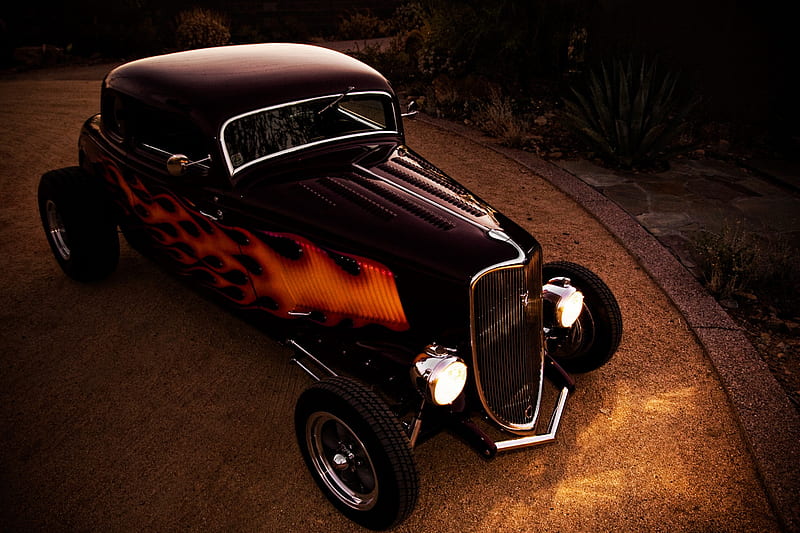 '33 Ford Coupe, 33, black, custom, coupe, antique, flames, ford, car, classic, 1933, vintage, HD wallpaper