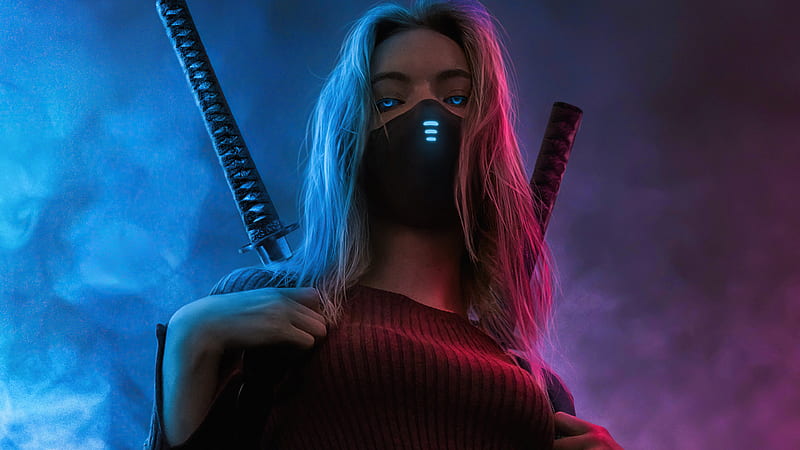 Girl Glowing Eyes Two Swords , neon, warrior, sword, artist, artwork, digital-art, HD wallpaper