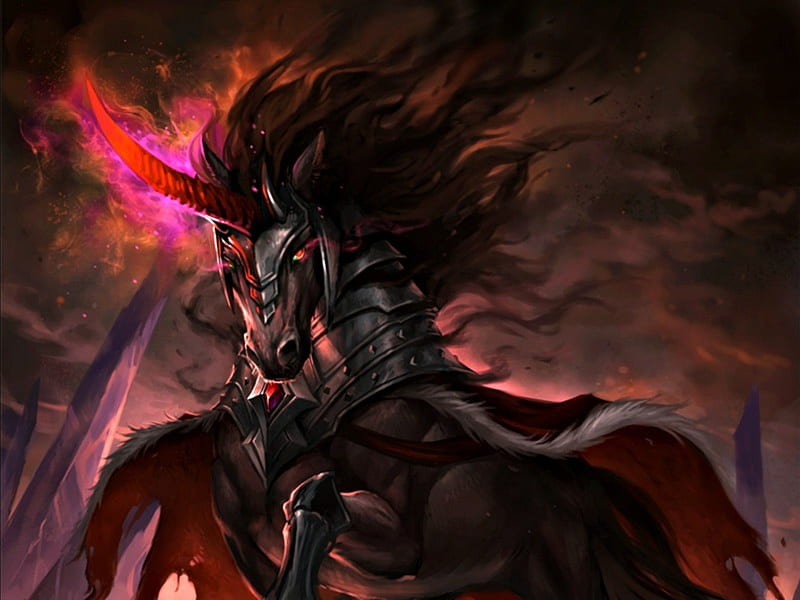 King Sombra, red, art, luminos, unicorn, black, horse, sandara, villains, fantasy, dark, pink, HD wallpaper