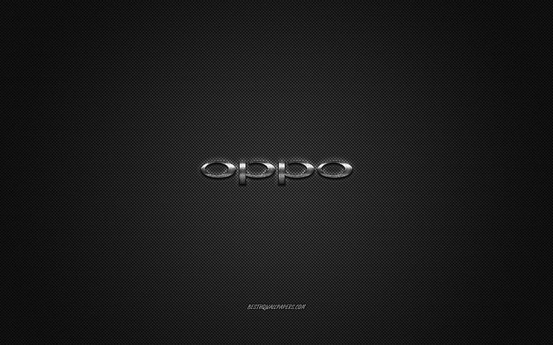 Oppo logo, silver shiny logo, Oppo metal emblem, for Oppo smartphones, gray carbon fiber texture, Oppo, brands, creative art, HD wallpaper