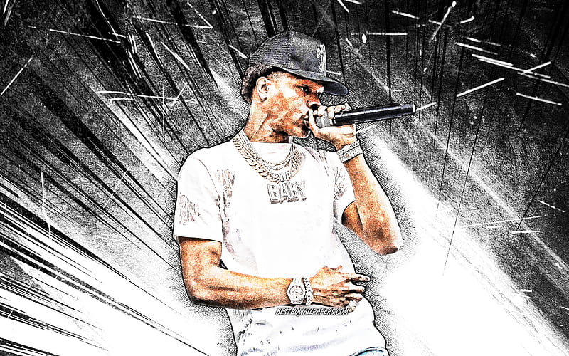 Lil Baby, grunge art, american rapper, music stars, concert, Dominique Armani Jones, american celebrity, Lil Baby with microphone, white abstract rays, creative, Lil Baby, HD wallpaper