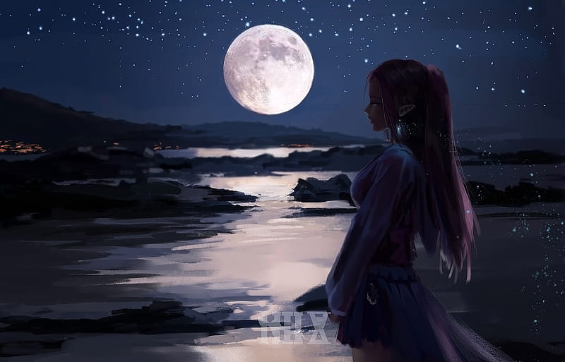 beautiful fantasy girl, moonlight, elf ears, profile view, painting, Fantasy, HD wallpaper