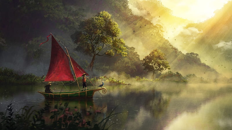 sailing boat, art, sunshine, trees, lake, HD wallpaper