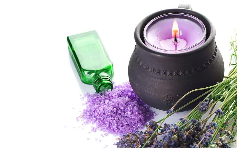 spa(aroma of lavender), bonito, lavender, fragrance, burning candle, bath salts, candles, graphy, nice, purple, bouquet, spa, relaxation, HD wallpaper