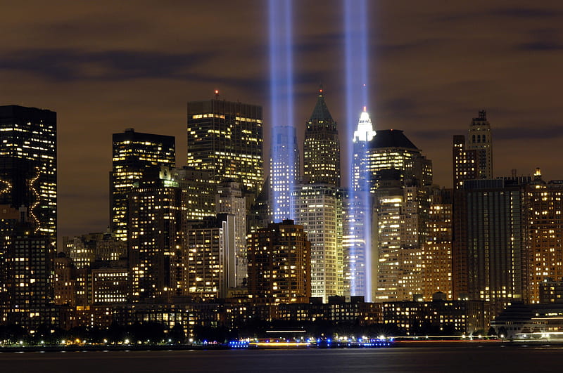 911 Memorial Blue Lights, buildings, New York City, American, clouds, lights, blue, City, night, HD wallpaper