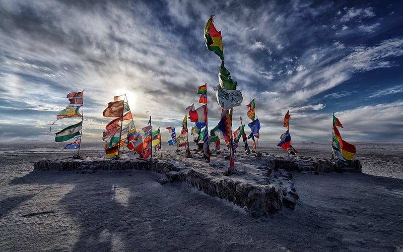 Salar de Uyuni, salt flat, world flags, dry lake, Salar de Tunupa, Daniel Campos Province, Potosi Department, Bolivia, HD wallpaper