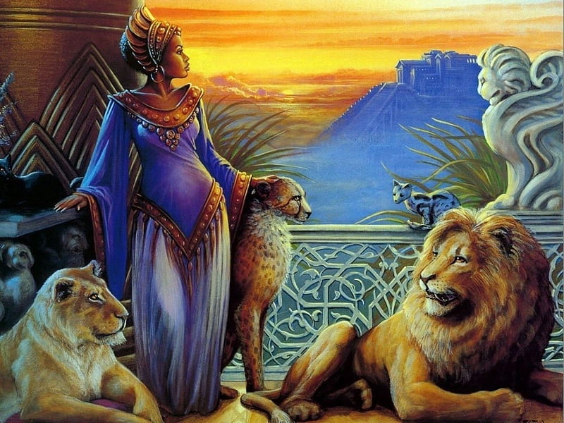 GIRL & LIONS FANTASY, female, cheetah, sunset, lioness, cats, lion, HD wallpaper