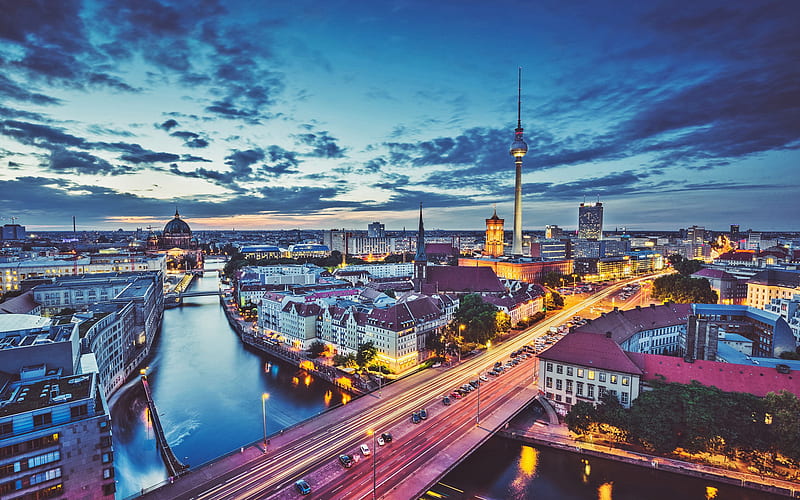 Berlin, evening, sunset, cityscape, Berlin TV Tower, skyline, Germany, HD wallpaper