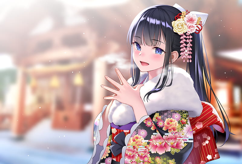 anime girl, winter, japanese clothes, kimono, black hair, snow, Anime, HD wallpaper