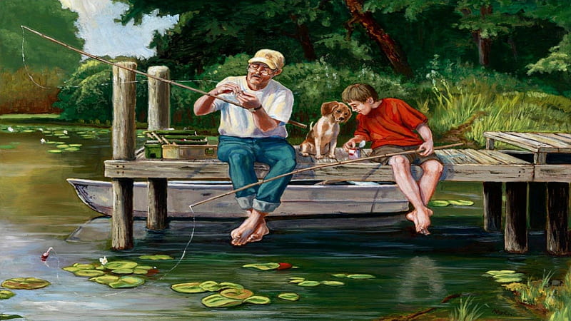 Fishing with Grandpa, water, fishing pole, people, dog, HD wallpaper