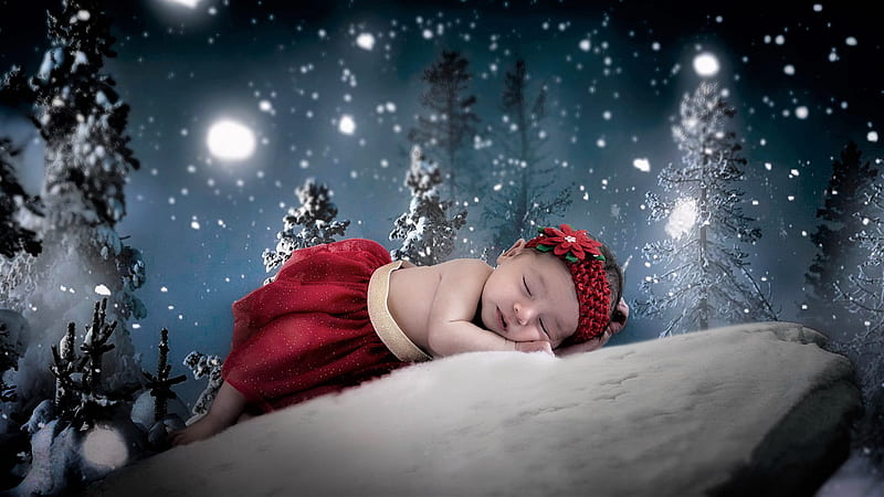 cute baby girl is sleeping on snow covered rock with starry background wearing red dress and band on head cute, HD wallpaper