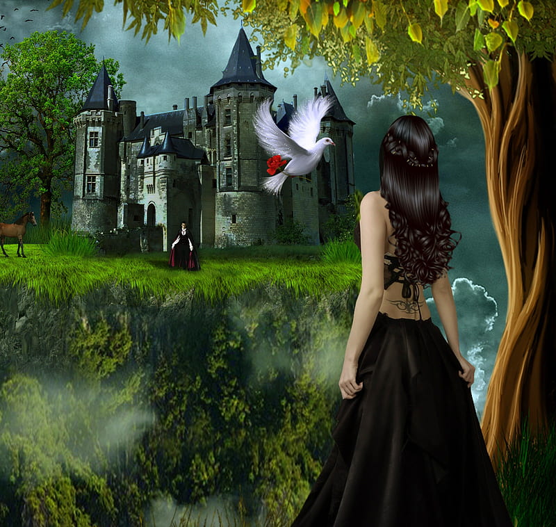 ~The Secret of Love~, pretty, grass, premade BG, bonito, love four season, digital art, woman, sweet, red rose, hair, fantasy, manipulation, love, flowers, girls, animals, flying birds, female, models, lovely, romantic, colors, birds, man, creative pre-made, trees, horse, i miss you, dove, weird things people wear, castle, HD wallpaper