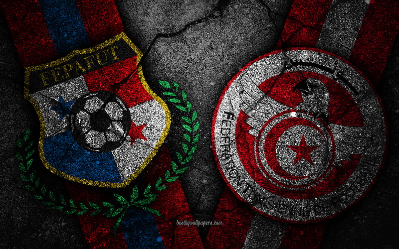 Panama vs Tunisia FIFA World Cup 2018, Group G, logo, Russia 2018, Soccer World Cup, Tunisia football team, Panama football team, black stone, asphalt texture, HD wallpaper