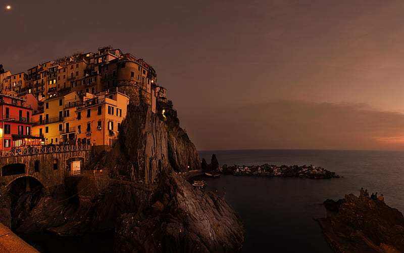 Manarola, Riomaggiore, evening, sunset, Mediterranean Sea, Ligurian coast, La Spezia, Liguria, Italy, HD wallpaper