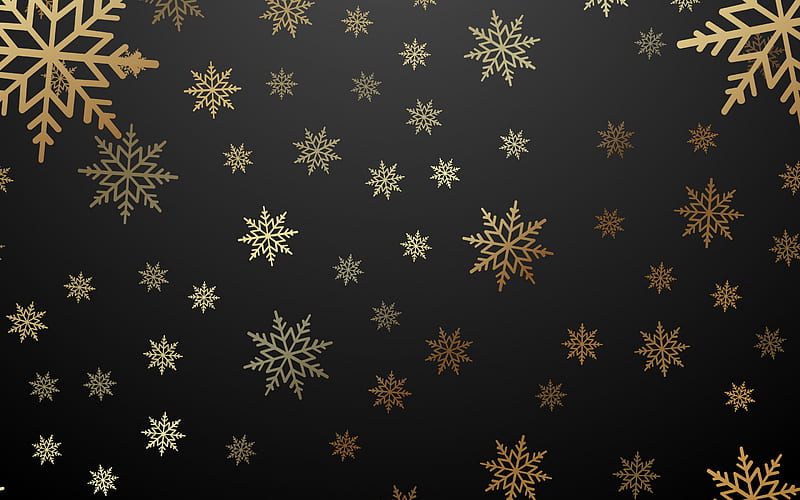 black background with golden snowflakes, Christmas golden background, New Year, golden snowflakes background, winter black background, snowflakes, HD wallpaper