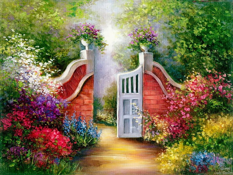 Garden gate, gate, art, greenery, bonito, spring, trees, door, paradise, painting, summer, flowers, garden, HD wallpaper
