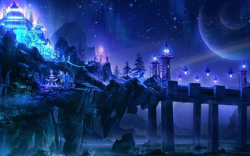 CASTLE IN BLUE NIGHT, stars, moons, bridge, mountains, castle, blue, night, HD wallpaper