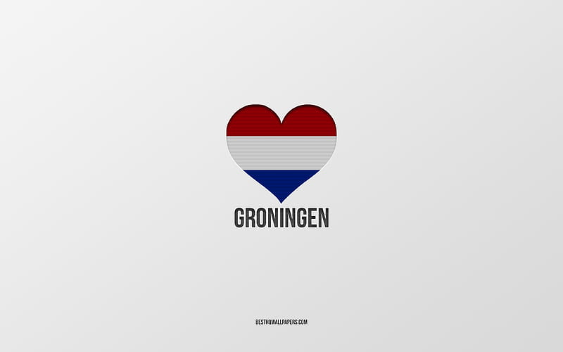 I Love Groningen, Dutch cities, Day of Groningen, gray background, Groningen, Netherlands, Dutch flag heart, favorite cities, Love Groningen, HD wallpaper