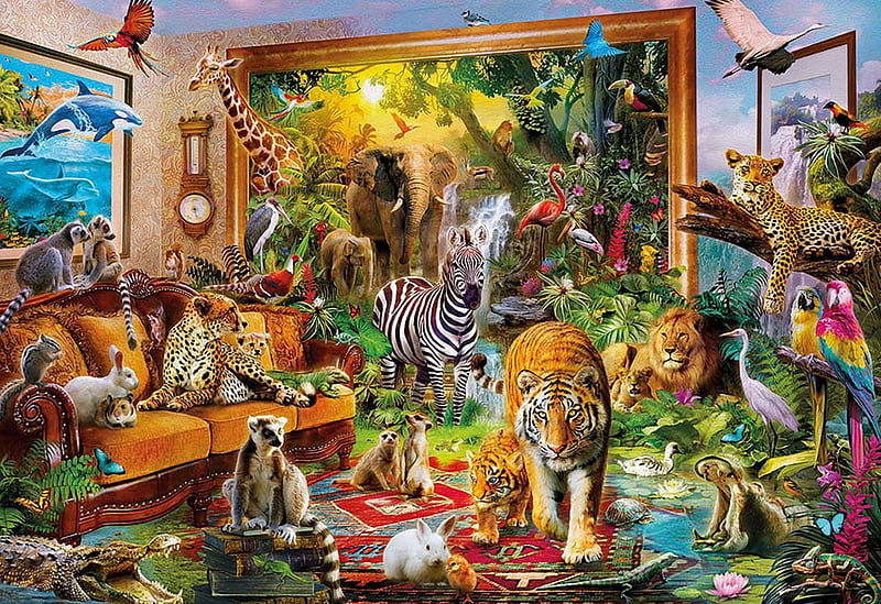 Jungle Opening, jungle, opening, puzzle, jigsaw, animals, HD wallpaper