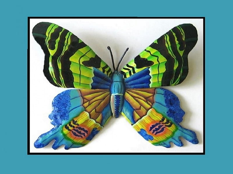 Green-Blue Butterfly, art, green-blue, orange, abstract, metal, 3d, butterfly, green, craft, hand painted, white, blue, HD wallpaper
