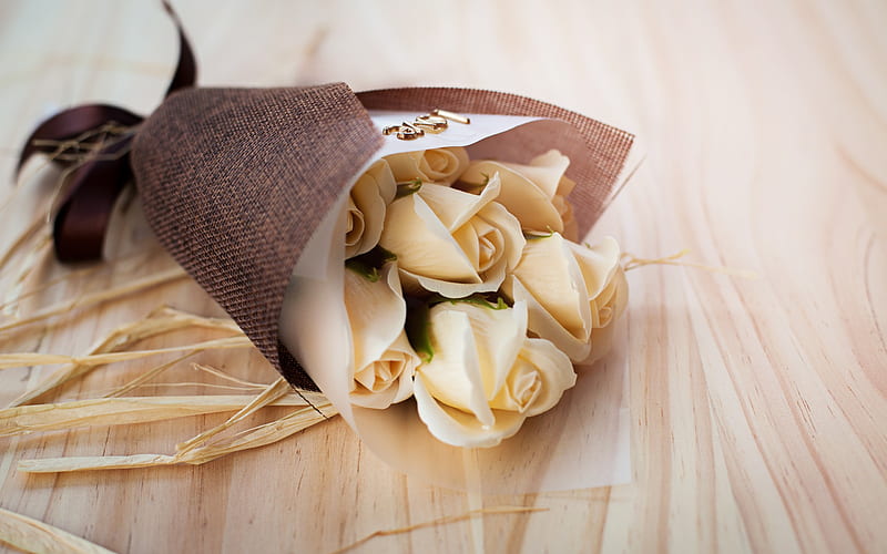 beautiful wedding bouquet, white roses, gentle tones, romantic bouquet, roses, blur, HD wallpaper