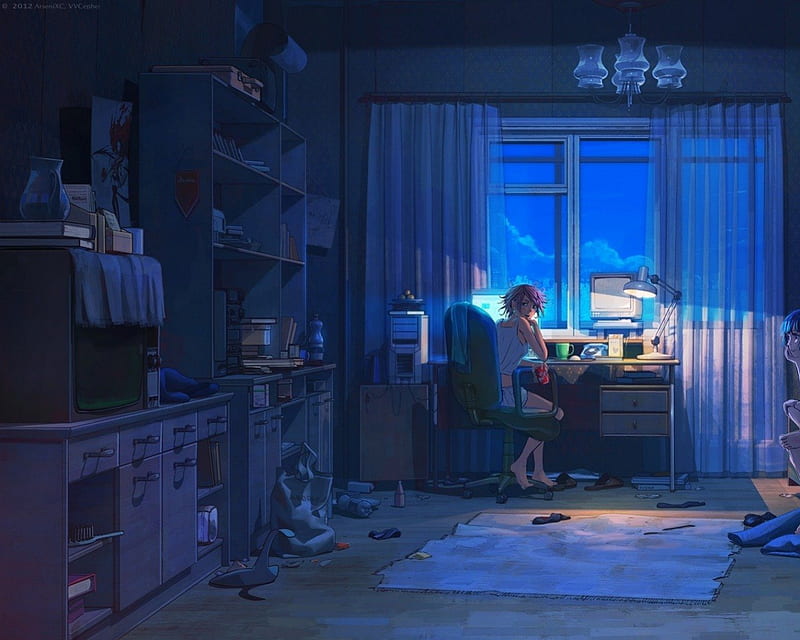 A Messy Room, art, lovely, smile, studying, anime room, cool, messy, anime girl, room, messy room, night, HD wallpaper