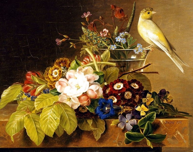 Canary Visiting, bird, bouquet, painting, flowers, blossoms, petals, artwork, HD wallpaper