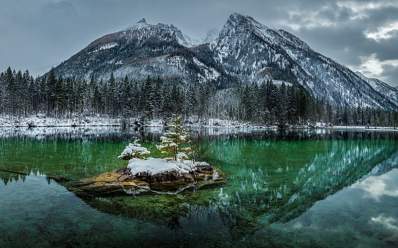 mountain lake, glacier lake, winter, snow, mountain landscape, Bavaria, Alps, emerald lake, Germany, HD wallpaper