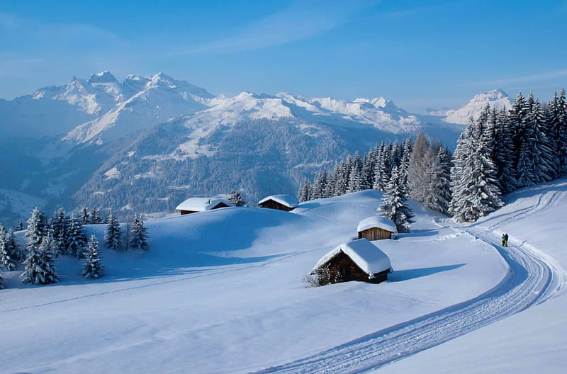 Winter landscape, view, cottage, houses, bonito, sky, winter, mountain ...