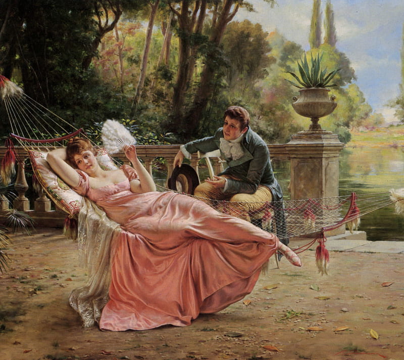 The proposal, art, dress, luminos, man, hammock, woman, girl, painting, ck, pictura, pink, couple, joseph frederic charles soulacroix, HD wallpaper