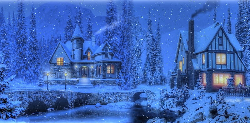 Me and My Neighbour, house, water, christmas, snow, bridge, blue ...