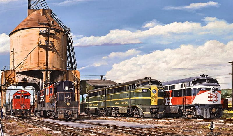 Cedarhill Rail Yard, railroad, art, locomotive, artwork, train, engine, painting, wide screen, tracks, HD wallpaper