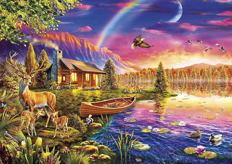 Lakeside Cabin, woods, lake, skies, birds, puzzle, cabin, side, HD wallpaper