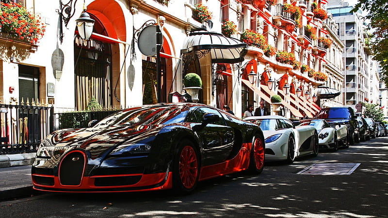 row of supercars in front of hotel, hotel, bugatti, supercars, street, HD wallpaper