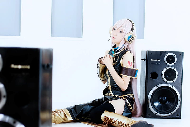 Megurine Luka by Ibara, pretty, costume, bass, yellow, megurine, nice, gold, anime, aqua, beauty, vocaloids, cosplayer, black, sexy, aqua eyes, cute, headset, cool, awesome, white, luka, boots, cosplay, headphones, bonito, megurine luka, thighhighs, ibara, actress, hot, room, pink, vocaloid, outfit, window, model, microphone, leggings, uniform, pink hair, HD wallpaper