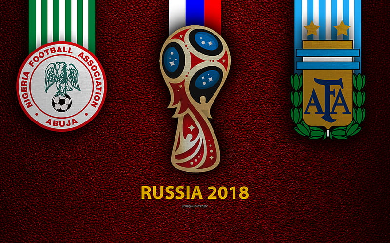 Nigeria vs Argentina Group D, football, 26 June 2018, logos, 2018 FIFA World Cup, Russia 2018, burgundy leather texture, Russia 2018 logo, cup, Nigeria, Argentina, national teams, football match, HD wallpaper