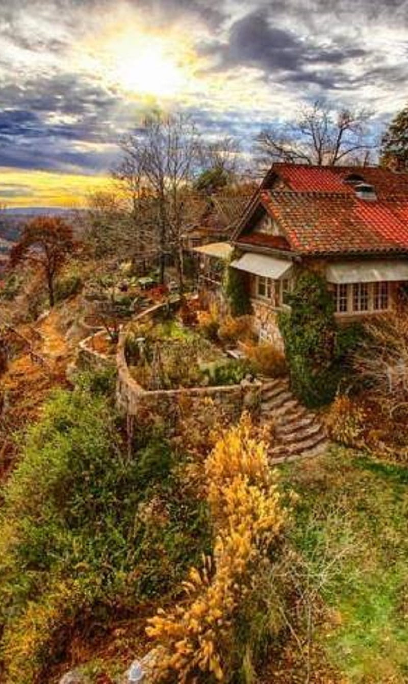 Lost house, autumn, nature, rainy, sunset, trees, yellow, HD phone wallpaper