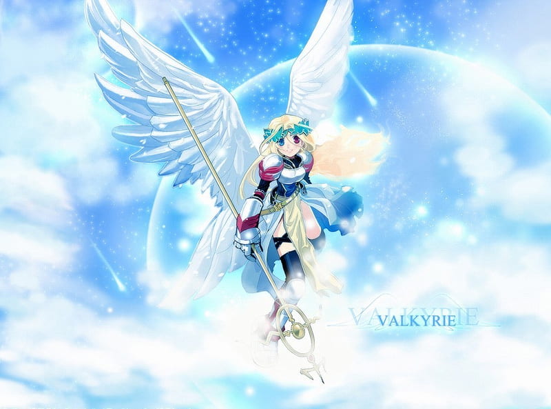 Valkirie, stars, moon, wings, angel, feathers, HD wallpaper