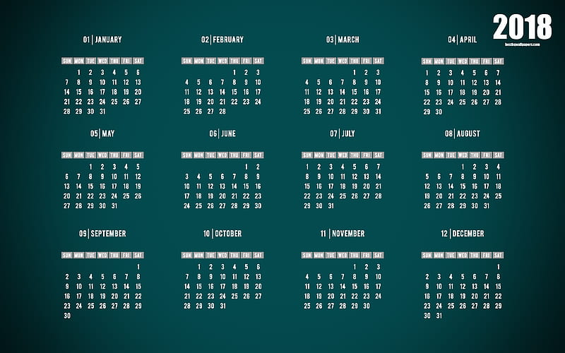 The calendar for 2018, green background, 2018 year calendar all months, HD wallpaper
