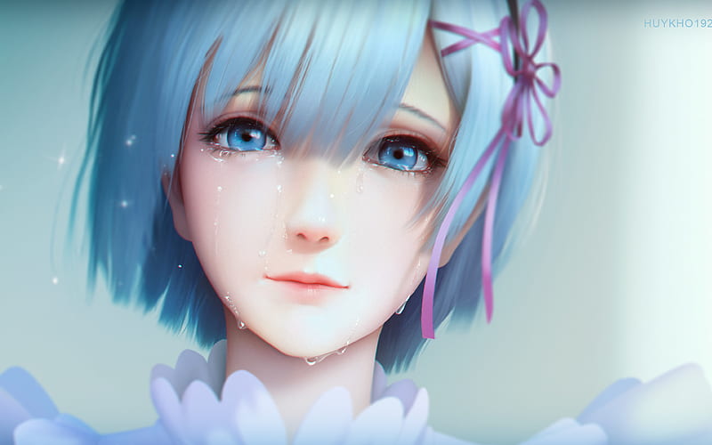 Rem close-up, portrait, manga, blue hair, Re Zero, HD wallpaper