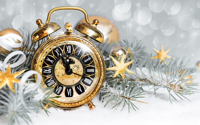 New Year, old gold watch, 2018, midnight, Christmas tree, snow, winter, time, HD wallpaper